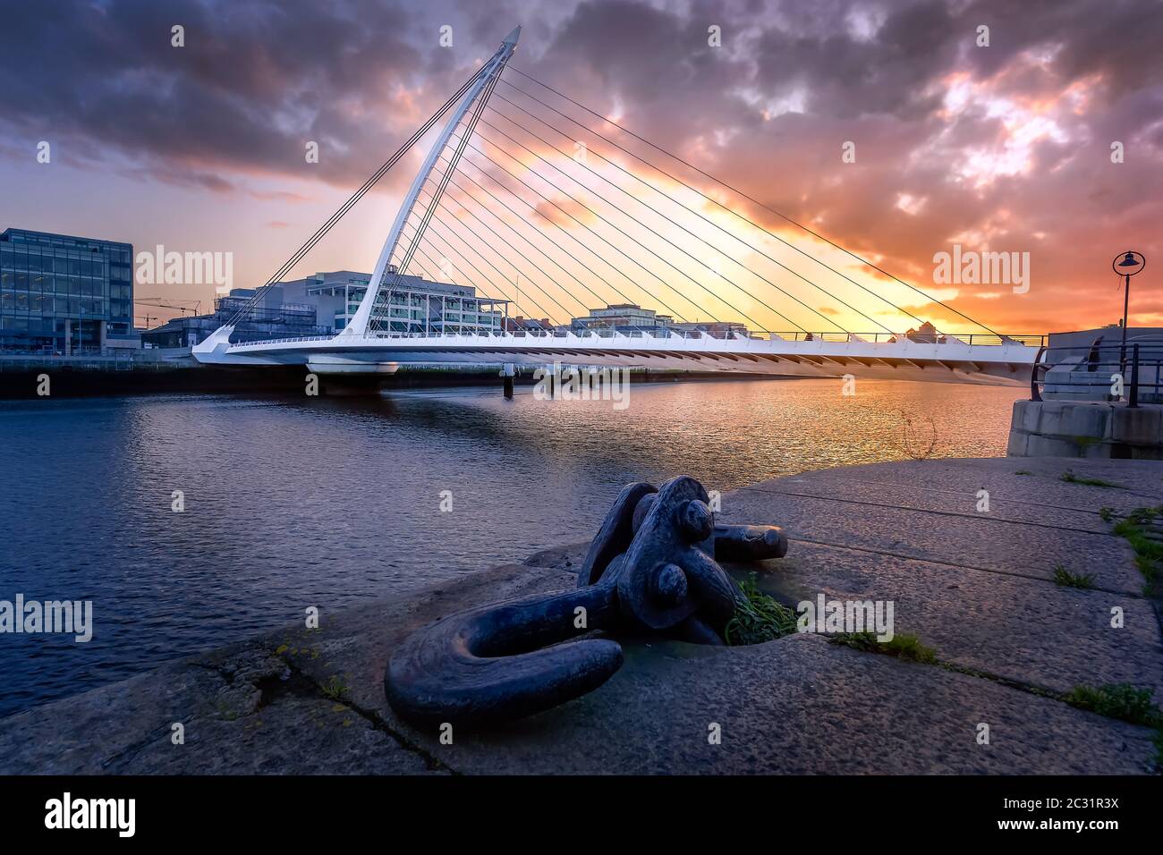 Amazing sunset and golden hour at Samuel Beckett bridge, Dublin Stock ...