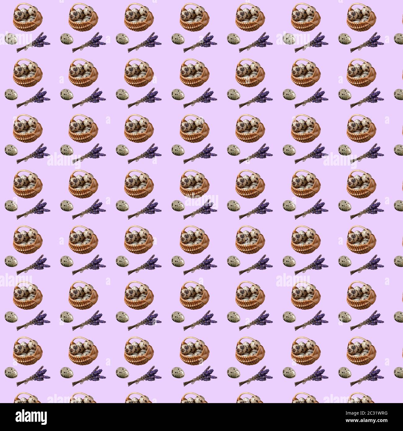 Seamless pattern with repeating Easter basket objects i eggs, quail egg and a bouquet of dry lavender on a purple background Stock Photo