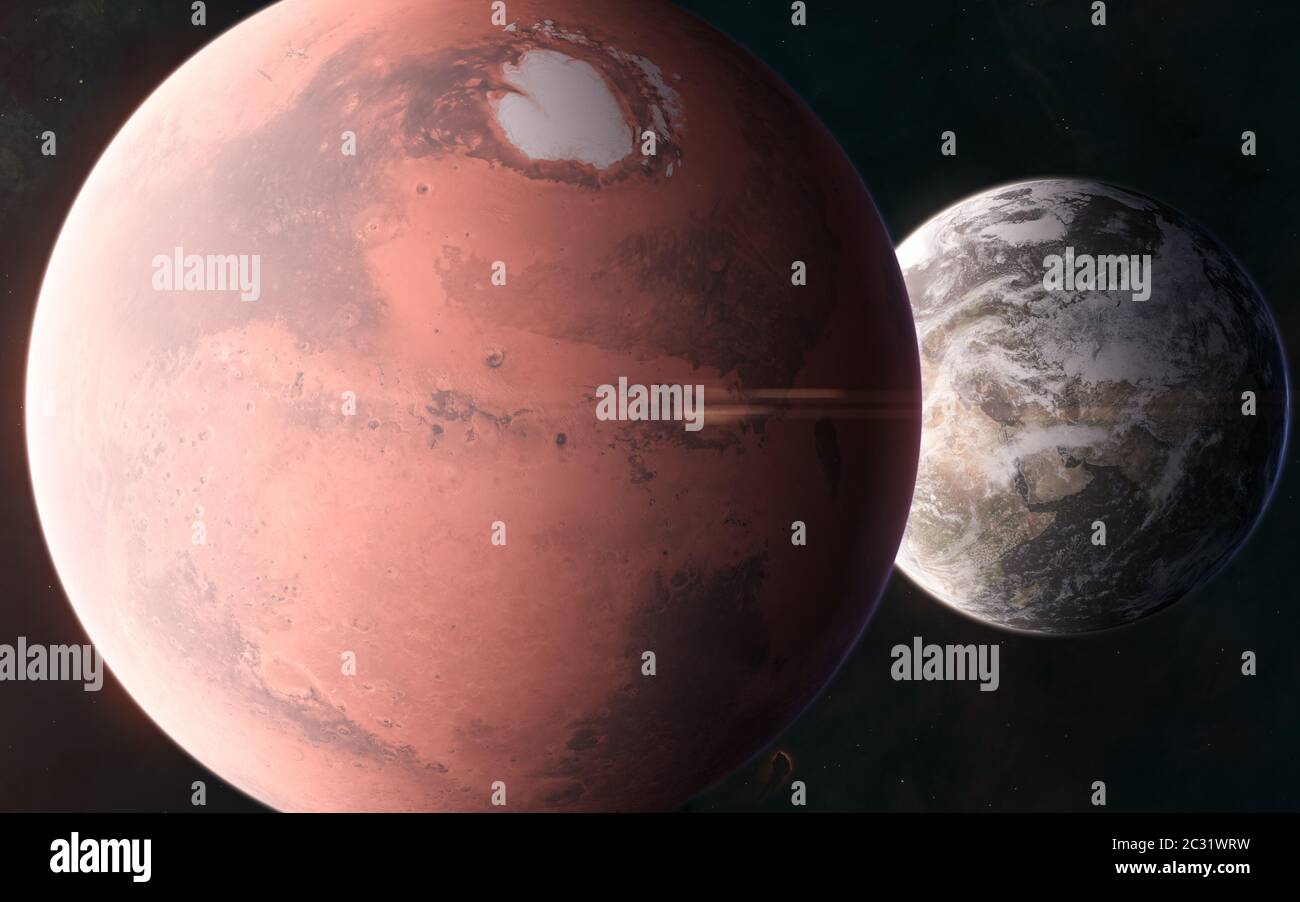 Mars on background of Earth. Solar system. 3D Render. Science fiction ...