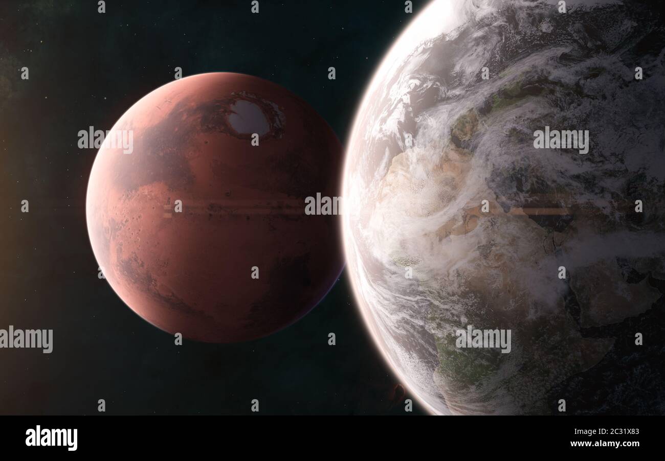 Earth on background of Mars. Solar system. 3D Render. Science fiction ...