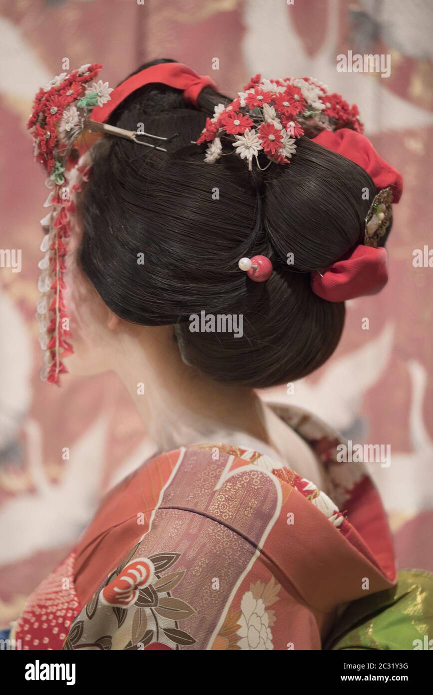 Maiko or geisha in red kimono back coifed hair brooch with patterns of red and white plum blossoms Stock Photo