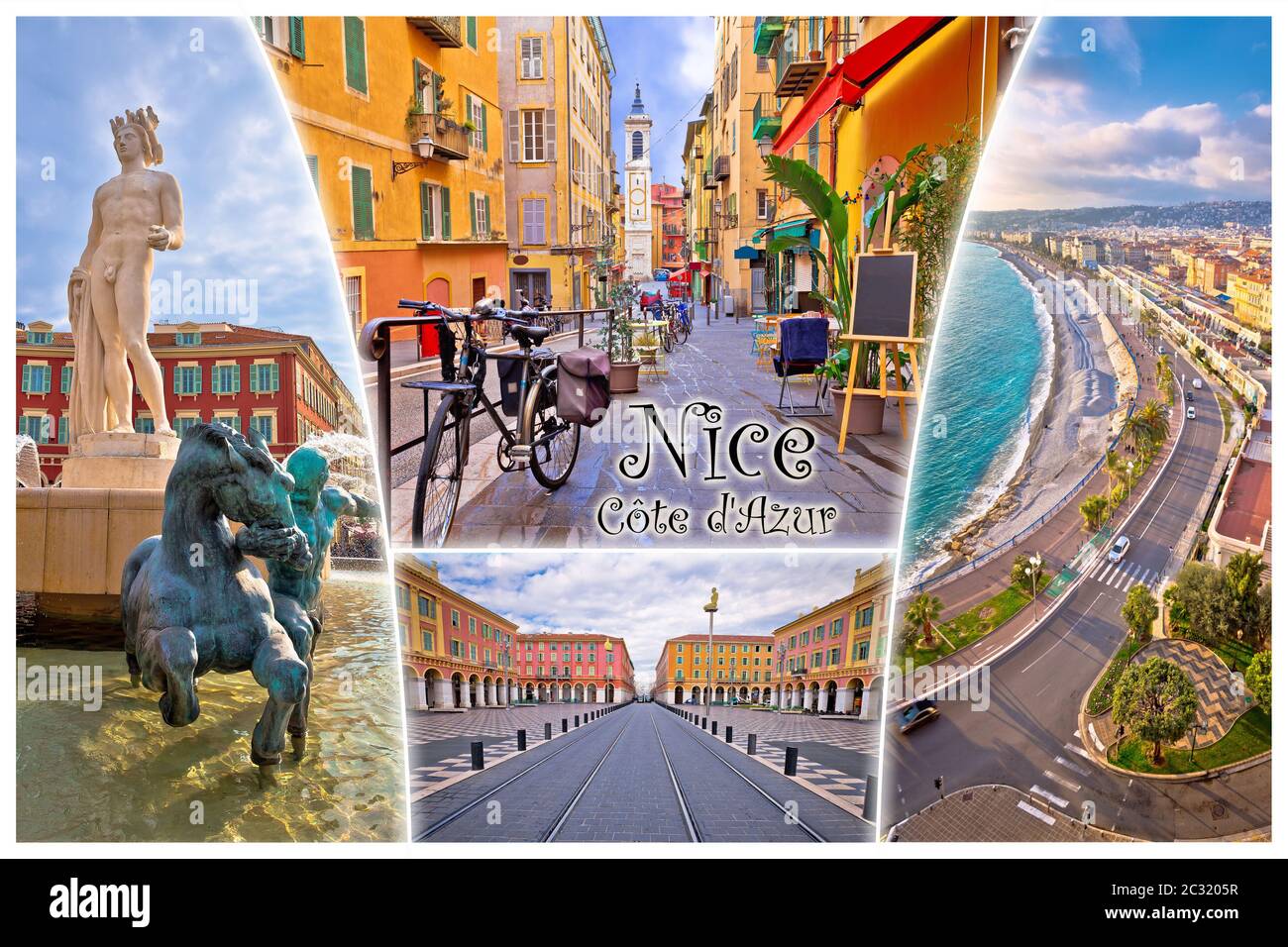 Nice. City of Nice tourist postcard of famous landmarks (with label), French riviera or Cote d Azur, Alpes Maritimes department of France Stock Photo