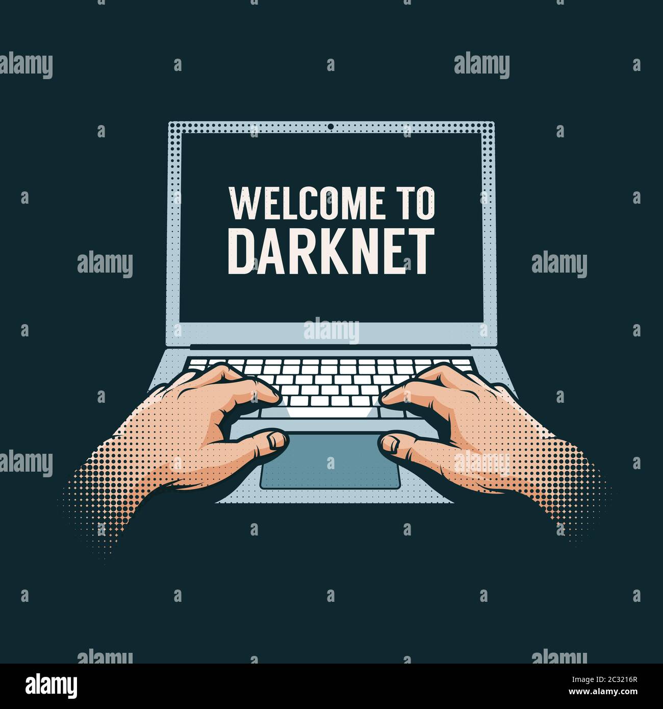 Hands out of the dark on a laptop Stock Vector