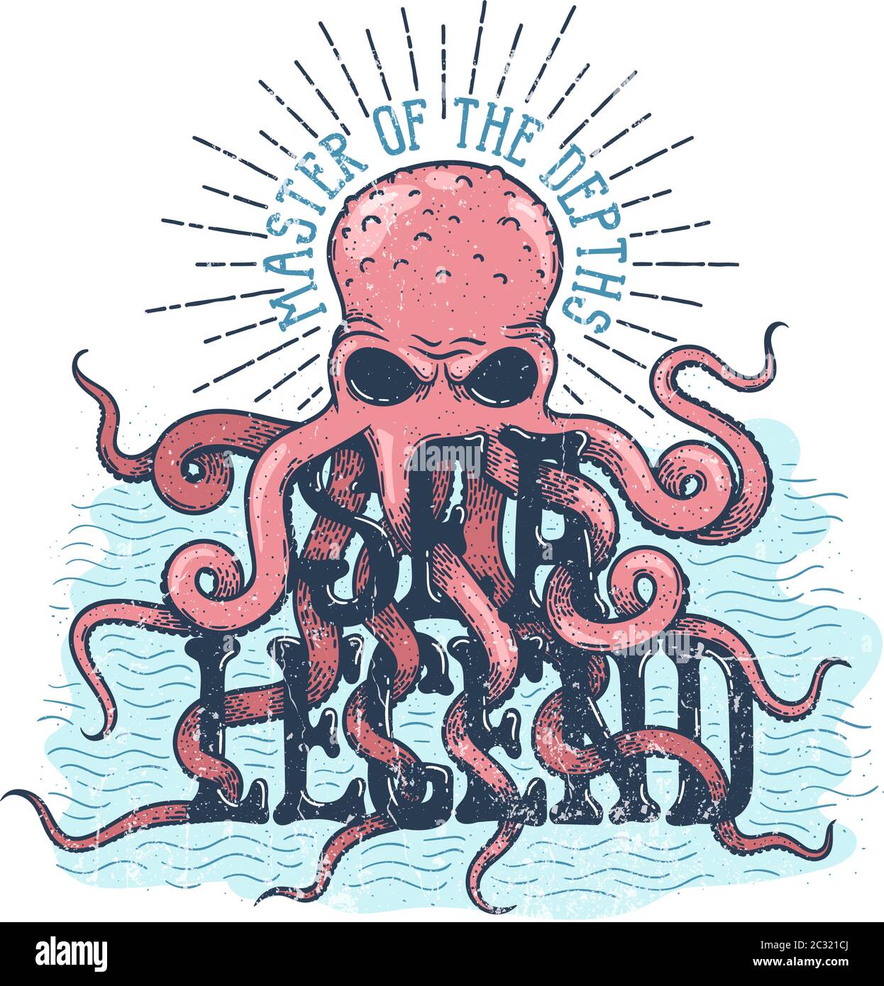 Sea legend octopus master of the depths lettering. Stock Vector