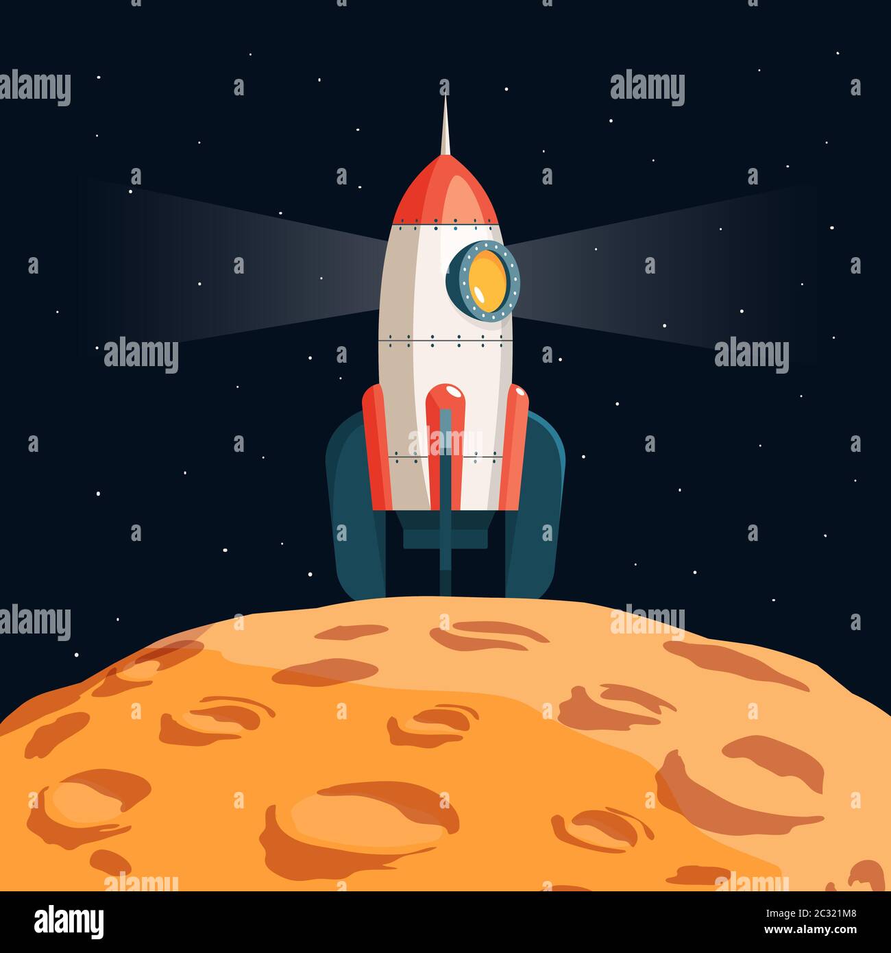 Cartoon rocket spaceship on the surface of the moon Stock Vector