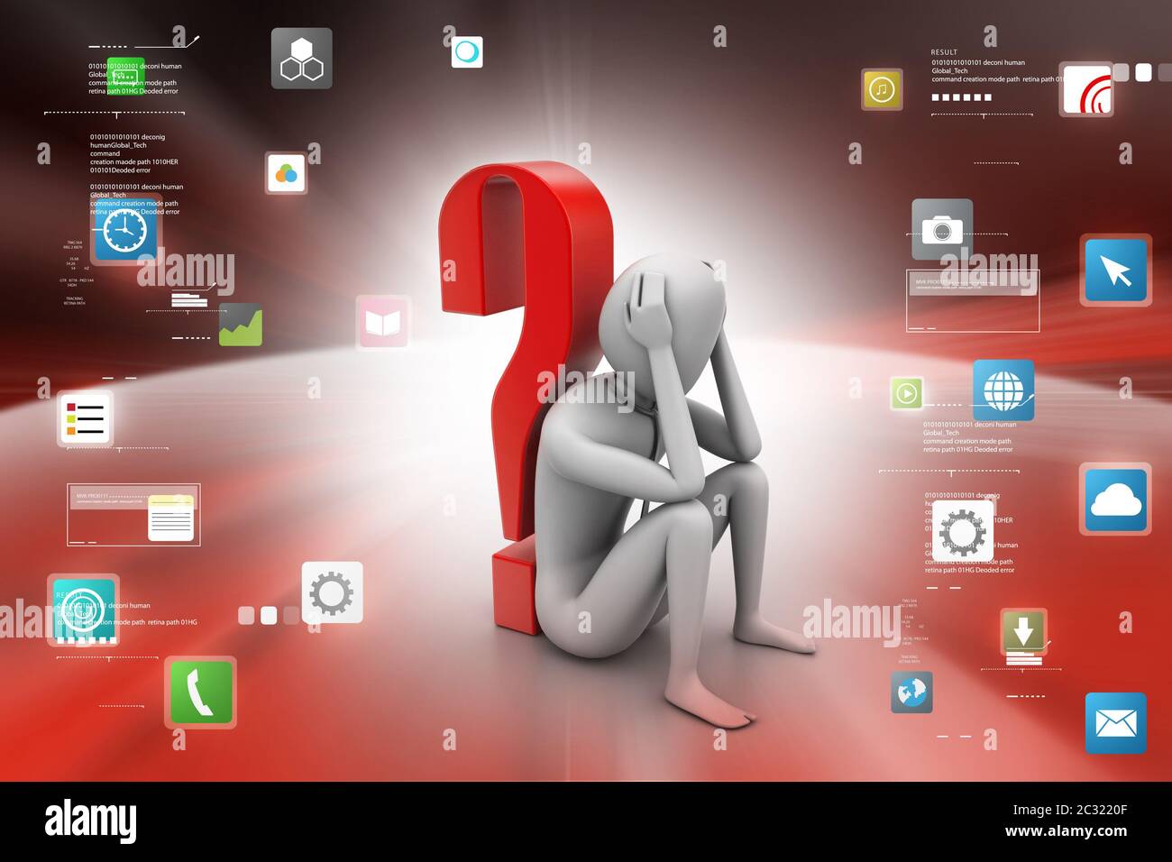 3d man sitting near the question mark Stock Photo - Alamy