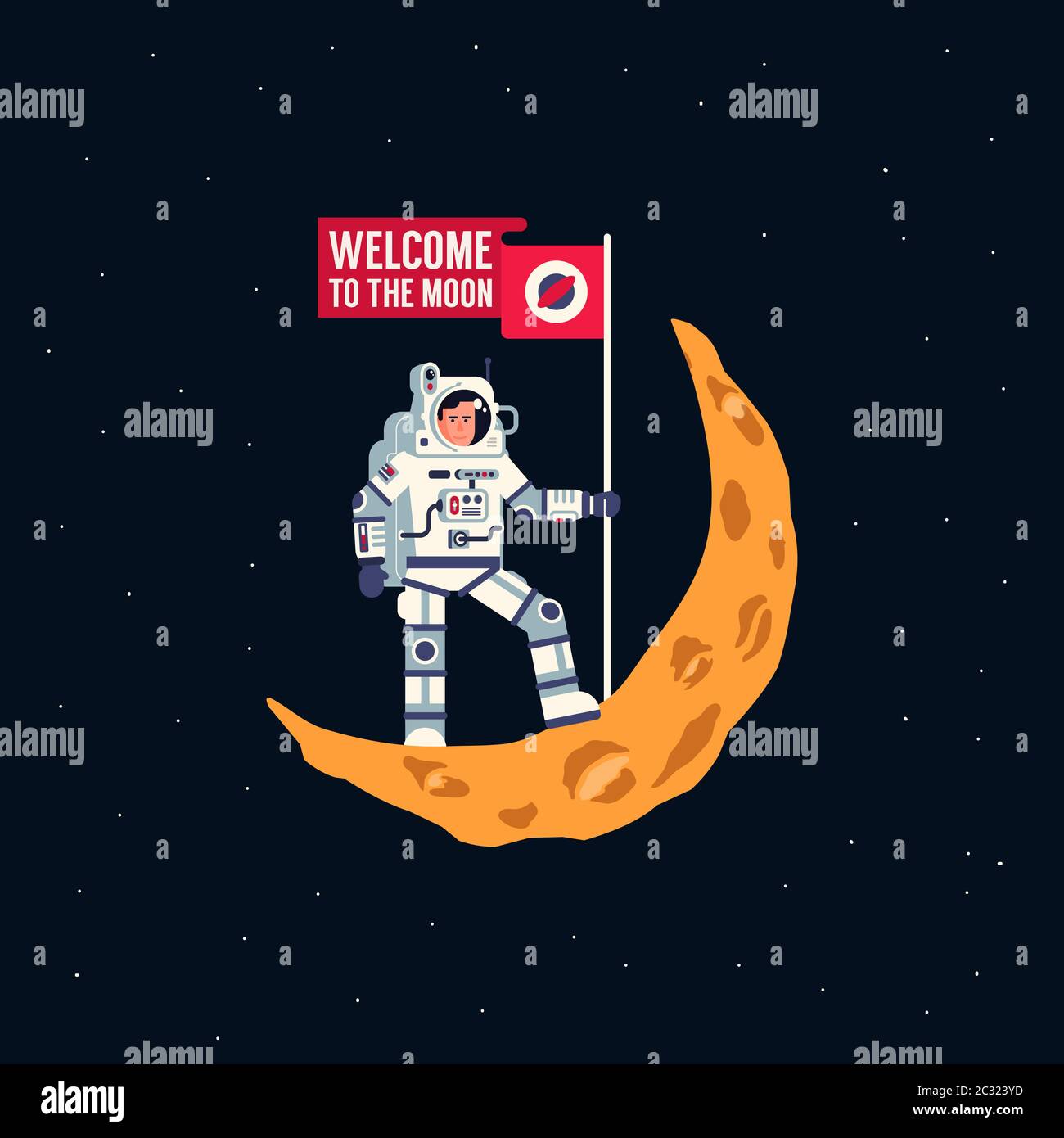 Astronaut in spacesuit is standing on crescent moon with flying flag Stock Vector