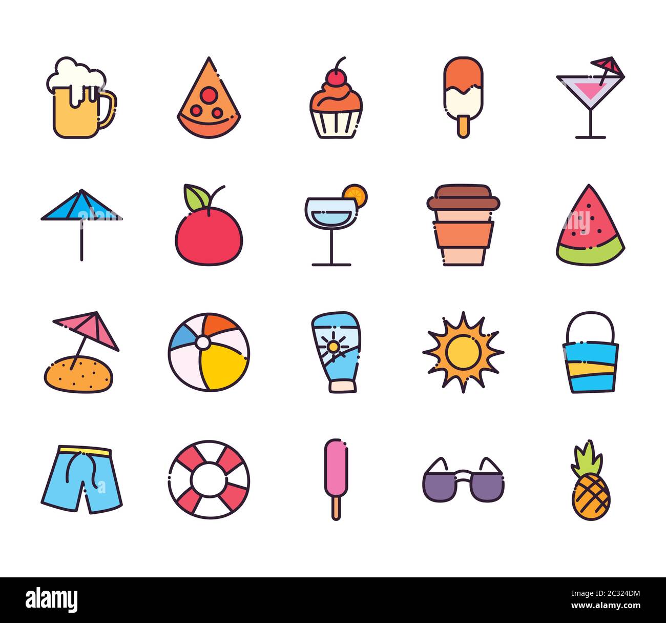 fill and line style icon set design, Summer vacation and tropical theme ...