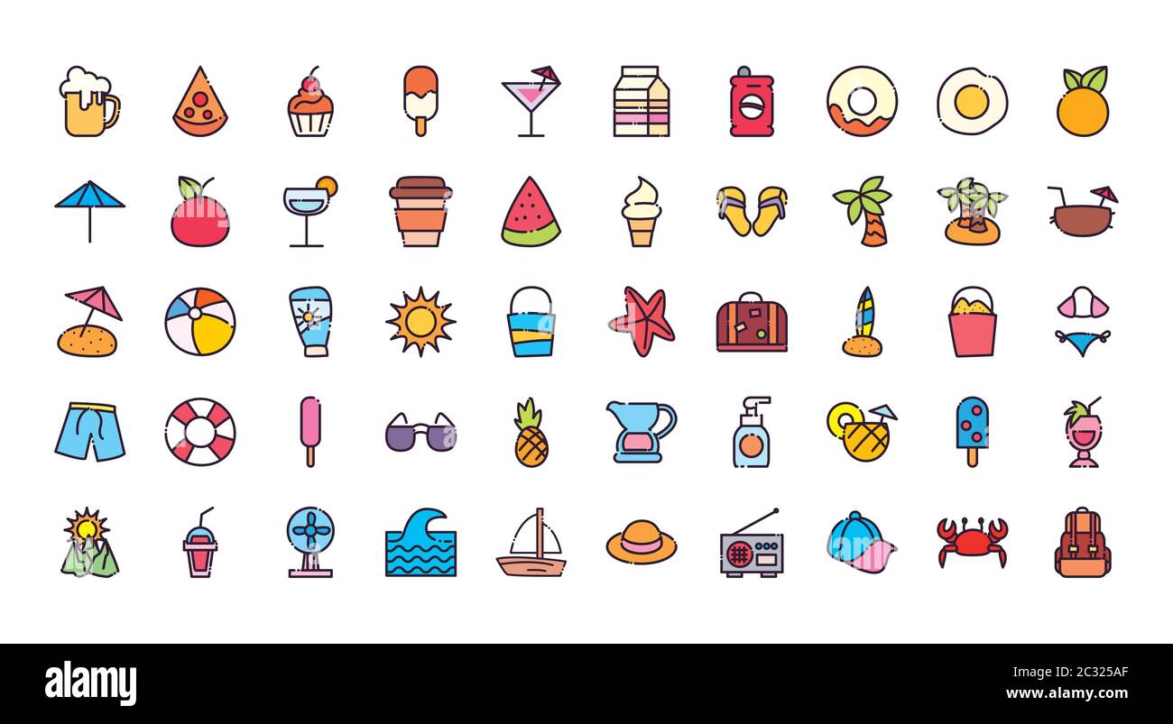 fill and line style icon set design, Summer vacation and tropical theme ...