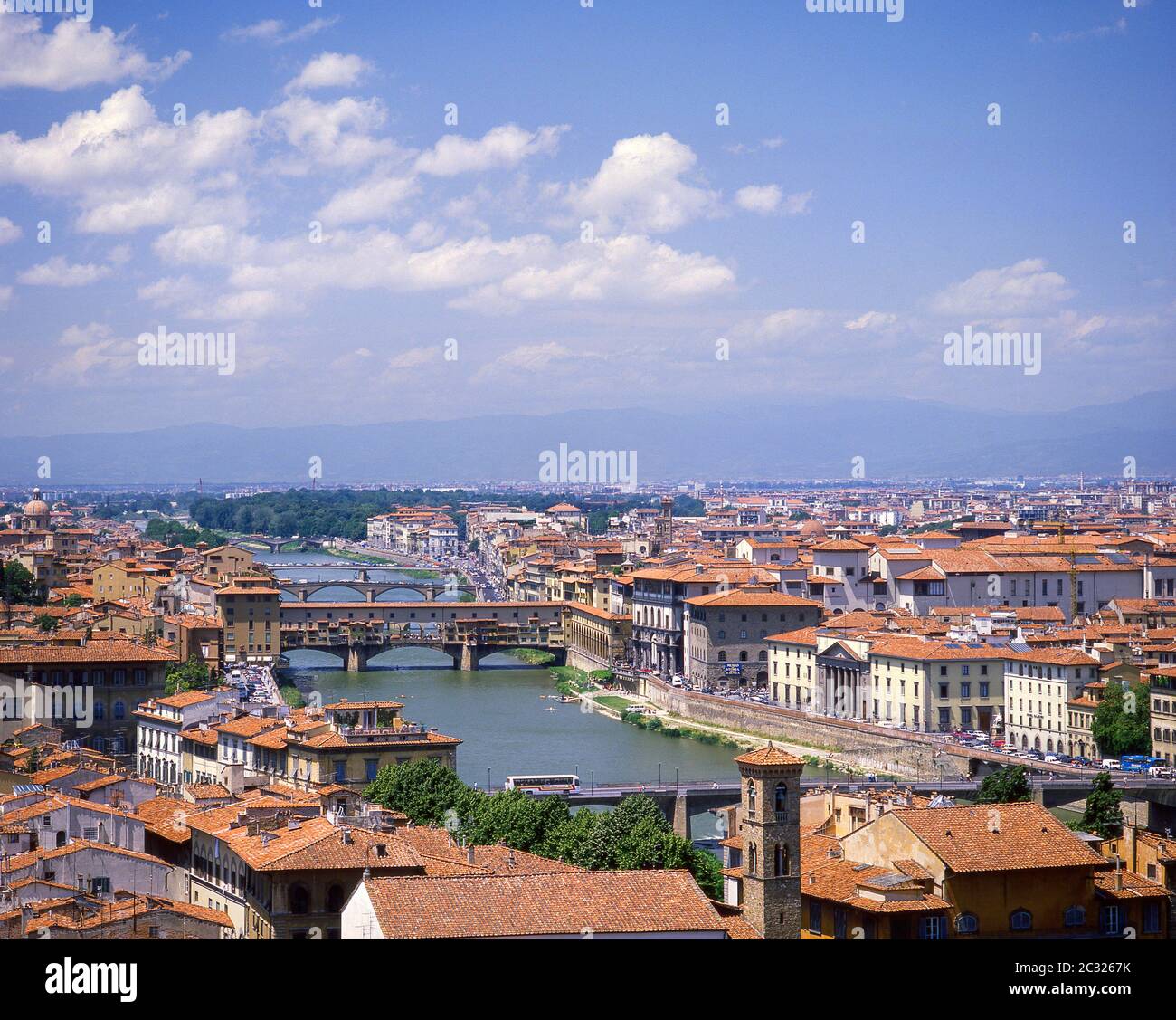 River Arno and Ponte Vecchio from Piazzale Michelangelo, Florence (Firenze), Tuscany Region, Italy Stock Photo