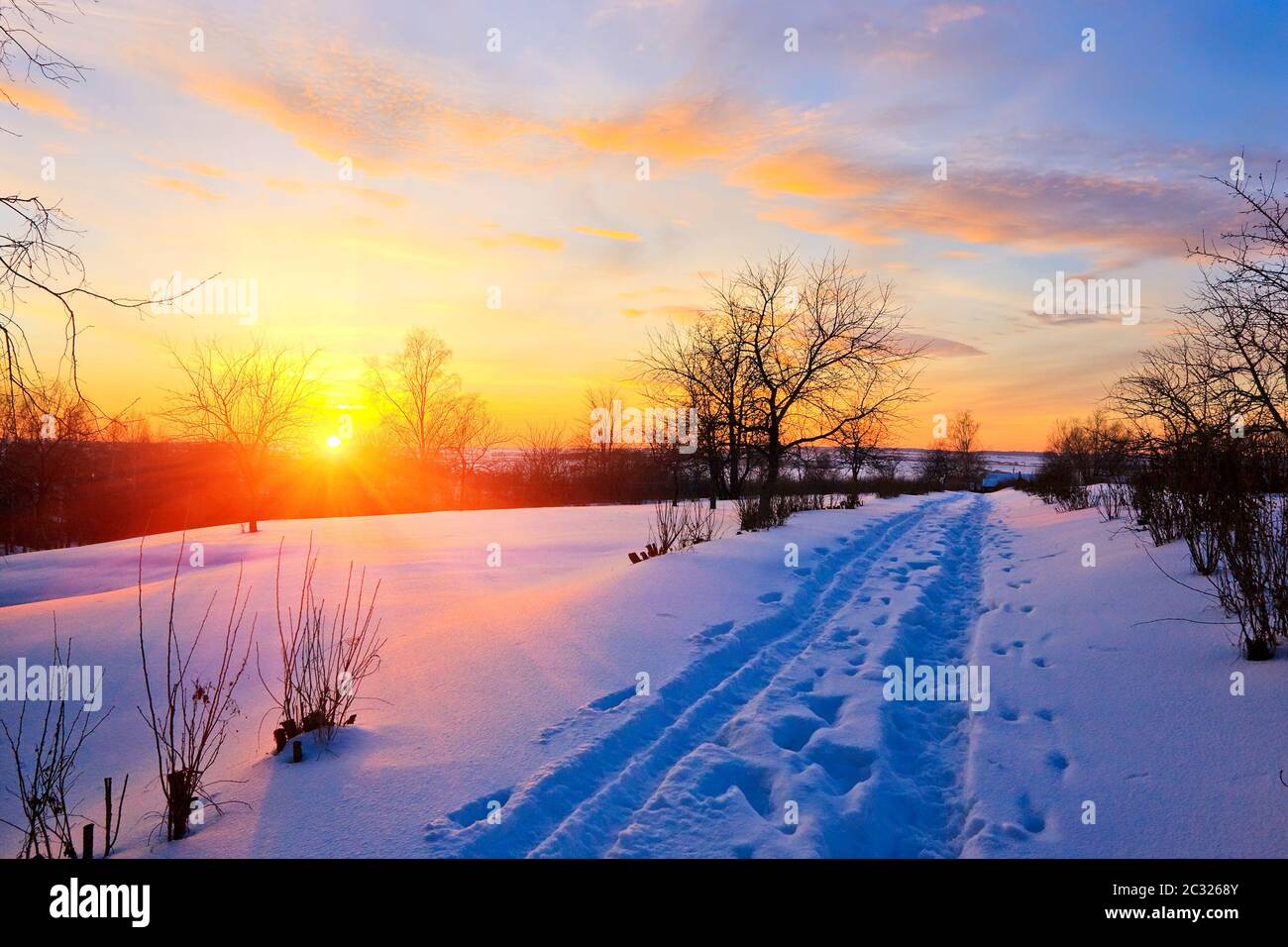 Beautiful sunset in countryside at winter Stock Photo
