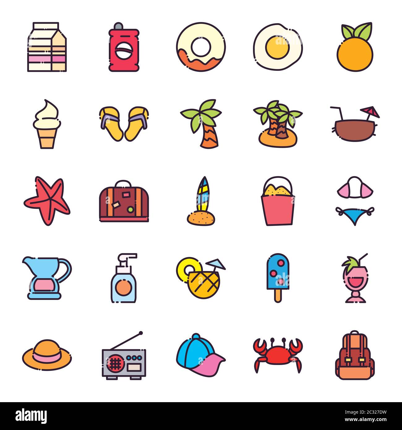 fill and line style icon set design, Summer vacation and tropical theme ...