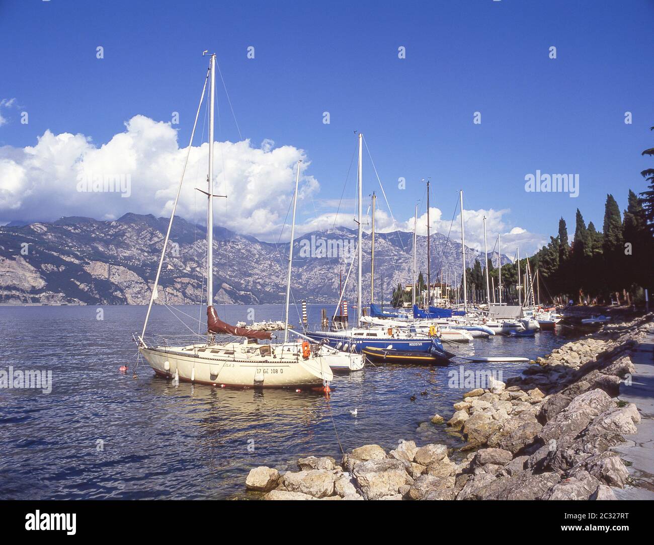 Boat harbour on Lake Garda, Malcsene, Verona Province, Veneto Region, Italy Stock Photo