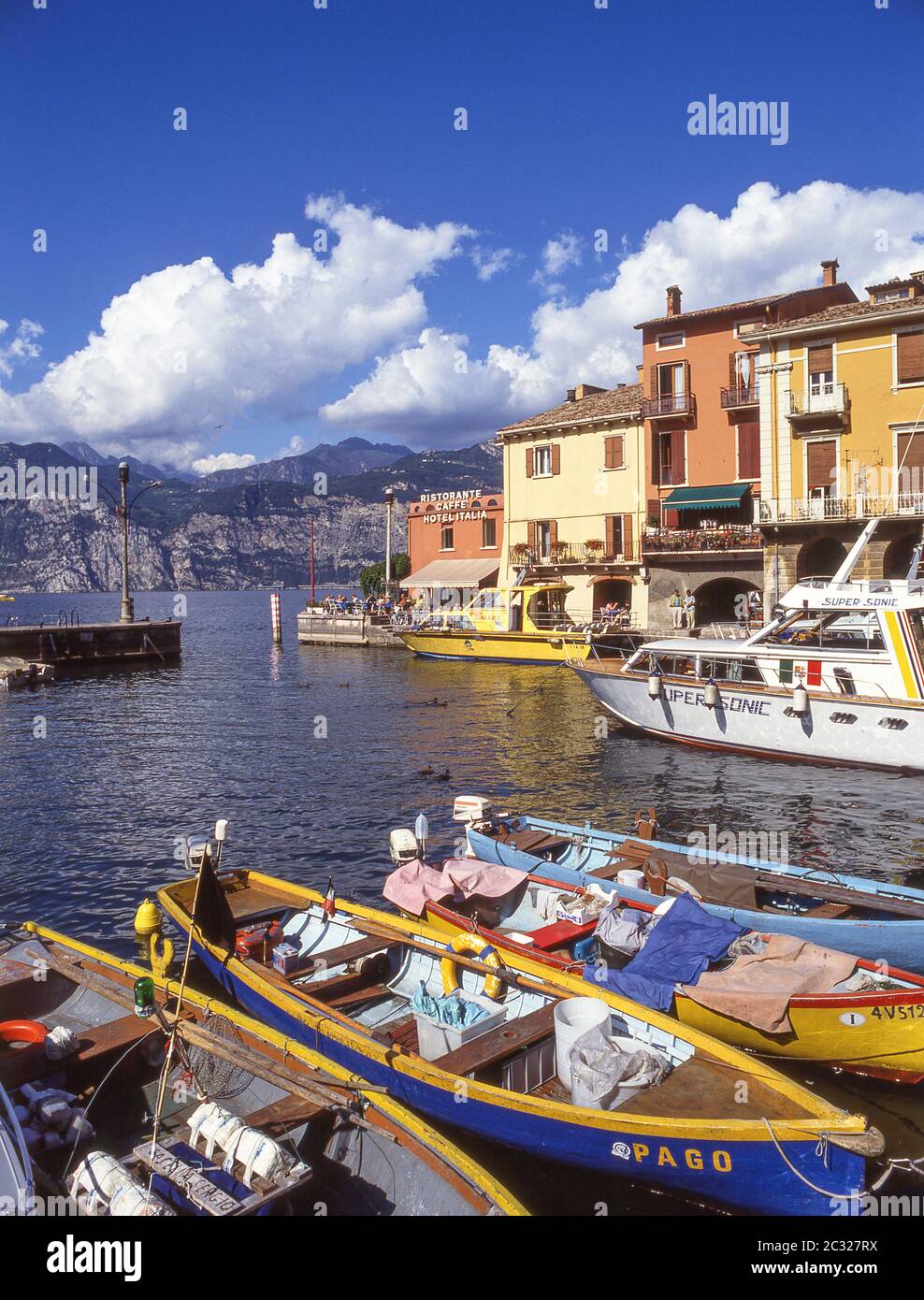 Boat harbour on Lake Garda, Malcsene, Verona Province, Veneto Region, Italy Stock Photo