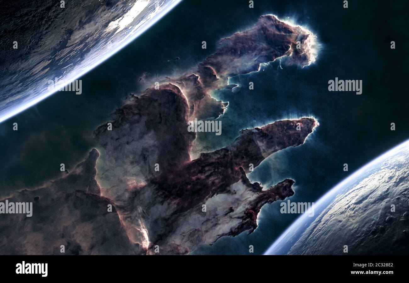 Planets on background of the Pillars of Creation. Deep space. Science fiction Stock Photo
