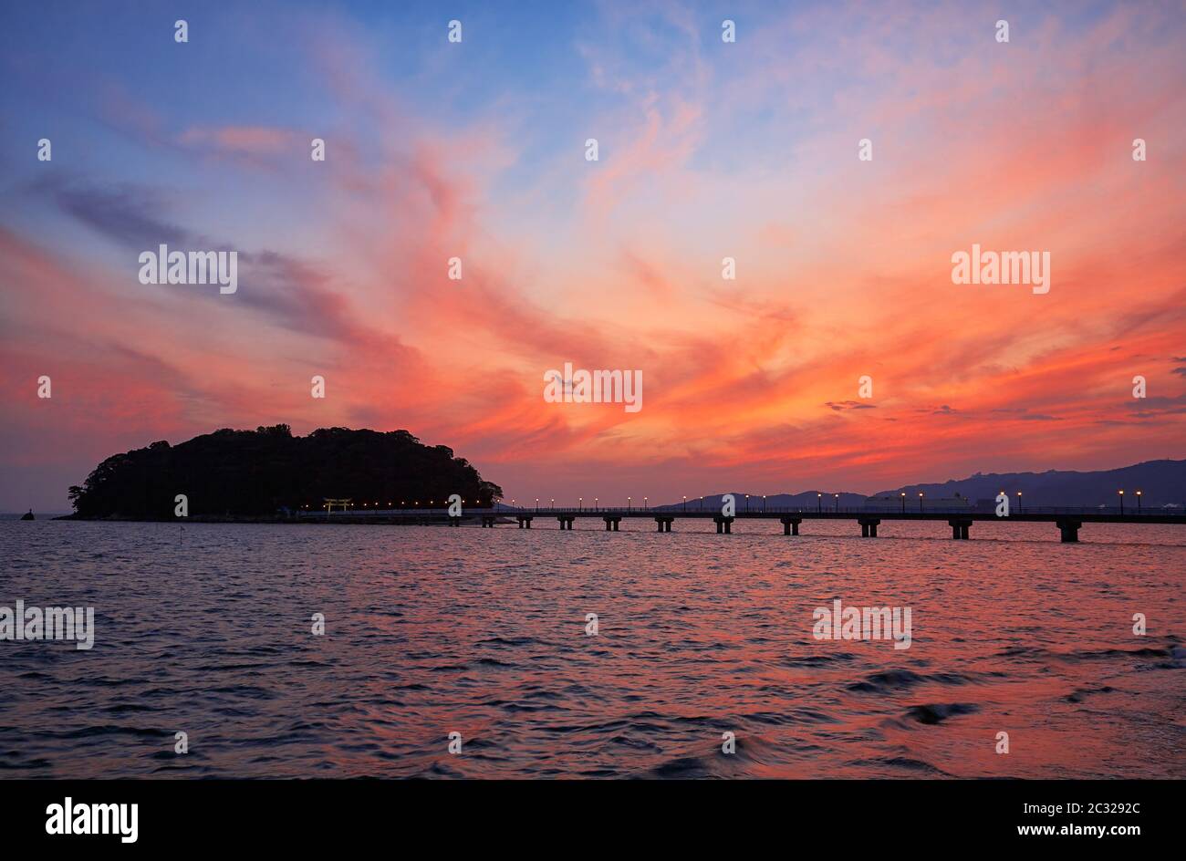 Night view on bridge from Take Island to Gamagori, Japan Stock Photo