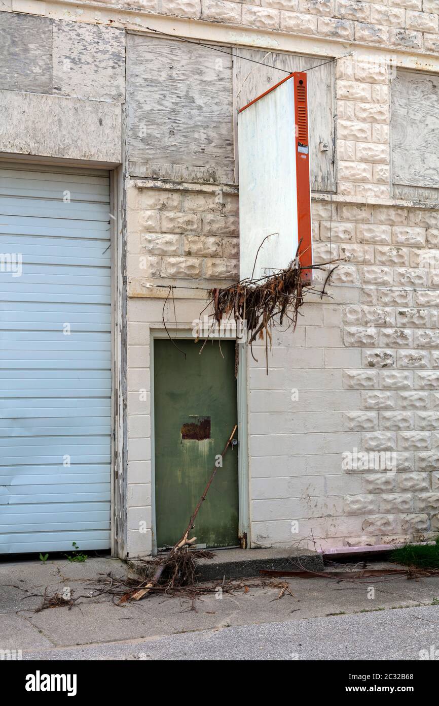 Height of floodwaters on building, Sanford, Michigan, USA. June 11, 2020, Original dam breech and flooding occurred May 20, 2020, by James D Coppinger Stock Photo