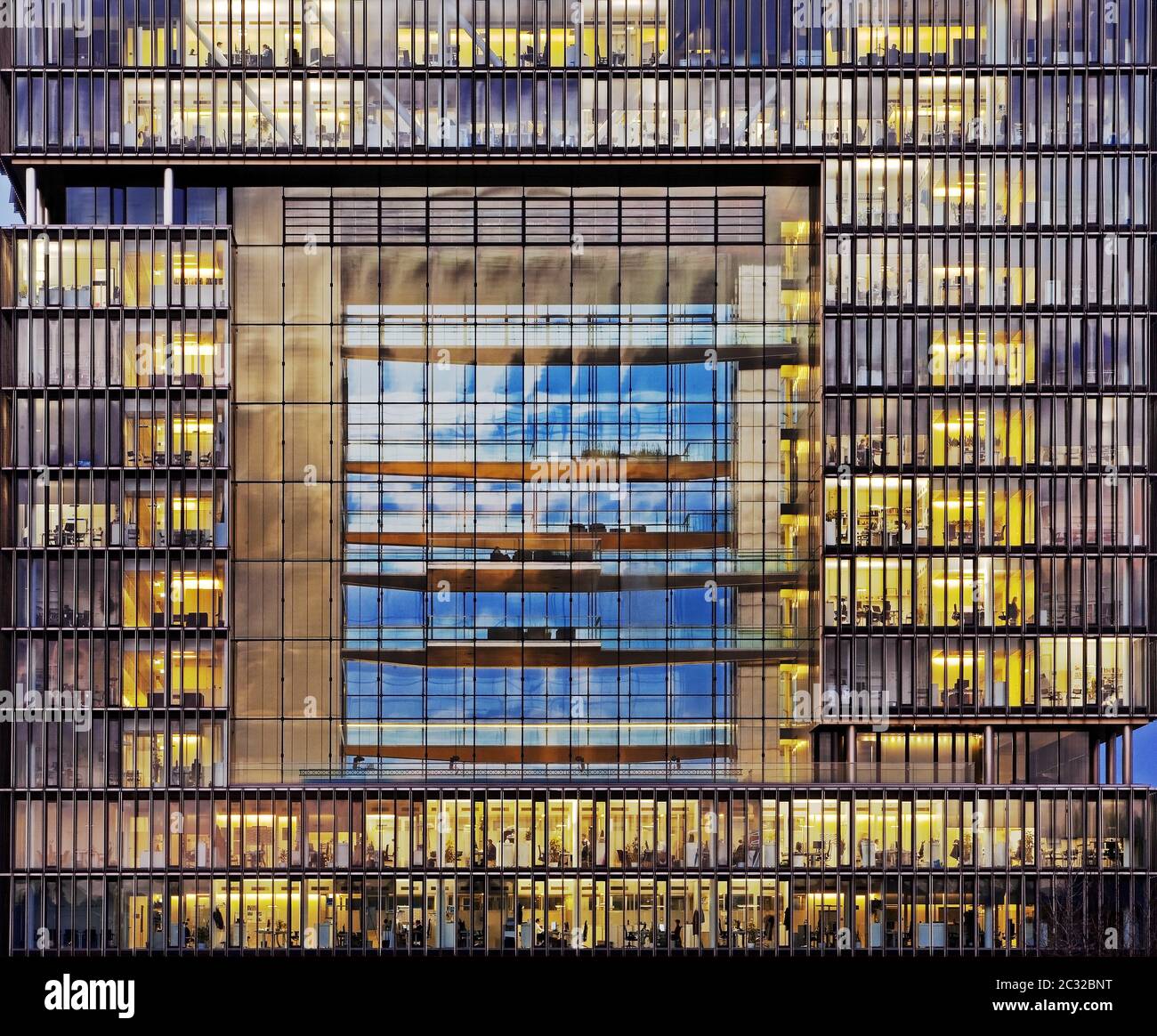 ThyssenKrupp headquarter with the Q1 building in the evening, Essen, Ruhr Area, Germany, Europe Stock Photo
