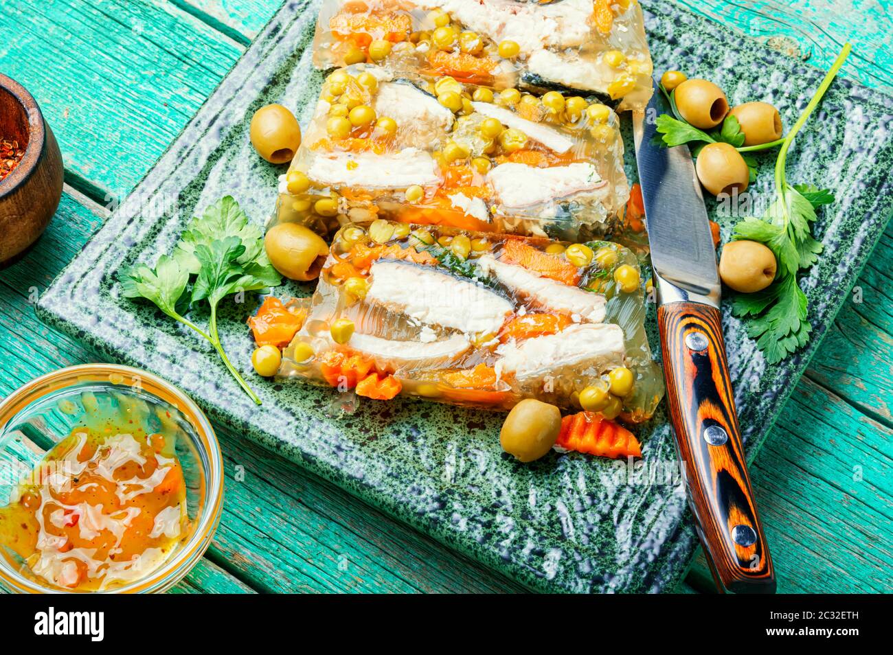 Jellied, cold dish of fish, filled with gelatinous broth.Russian food.Fish food Stock Photo Alamy