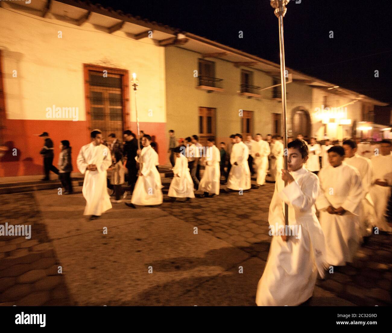 A Catholic Easter procession along the cobblestone streets of Xico, Veracruz, Mexico. Stock Photo