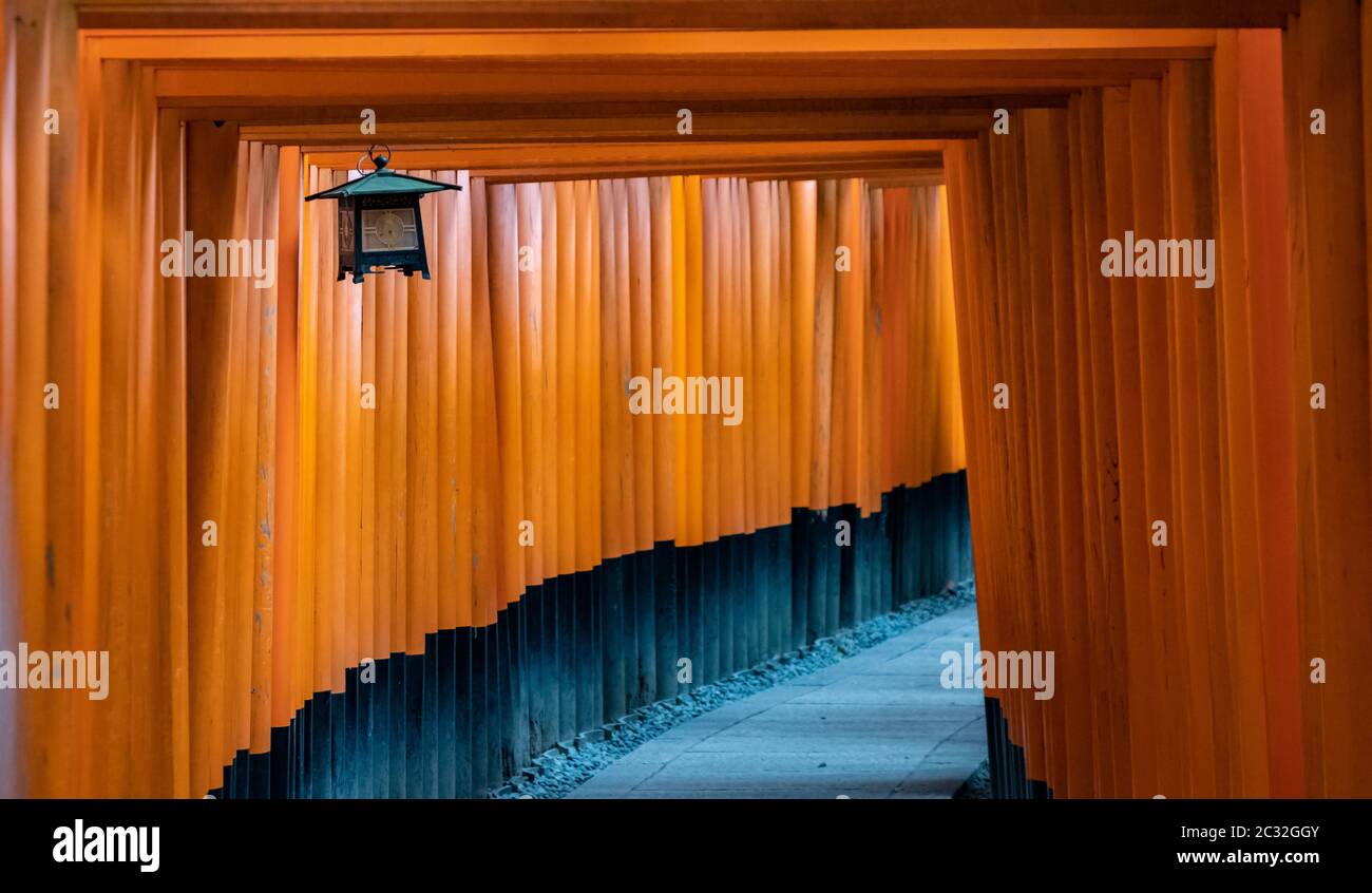 Tourist at the torii gates of Fushimi Inari Taisha shinto shrine, Kyoto, Japan Stock Photo