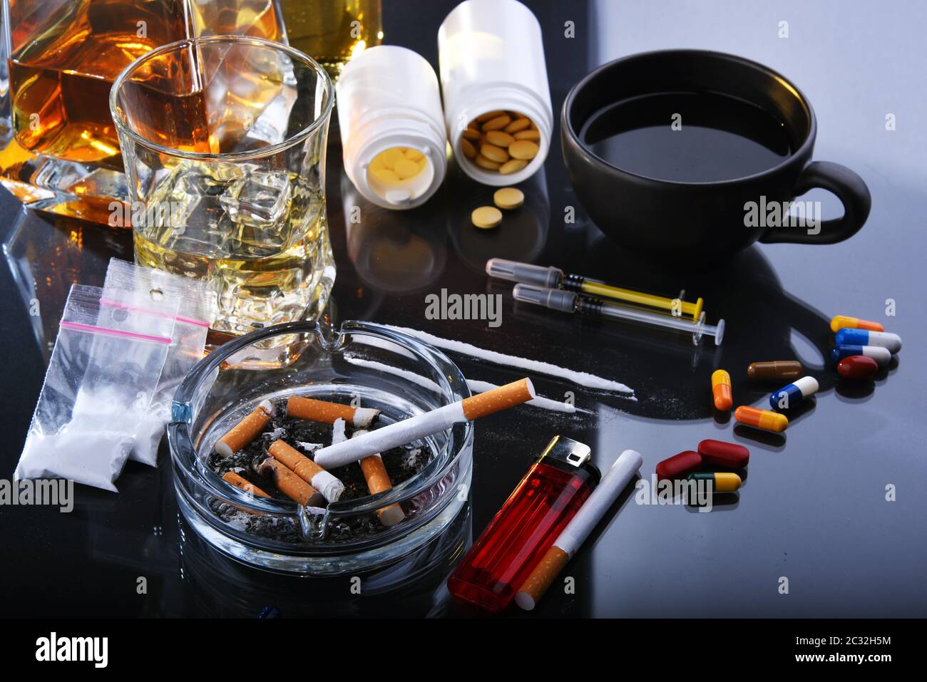 Addictive substances, including alcohol, cigarettes and drugs Stock