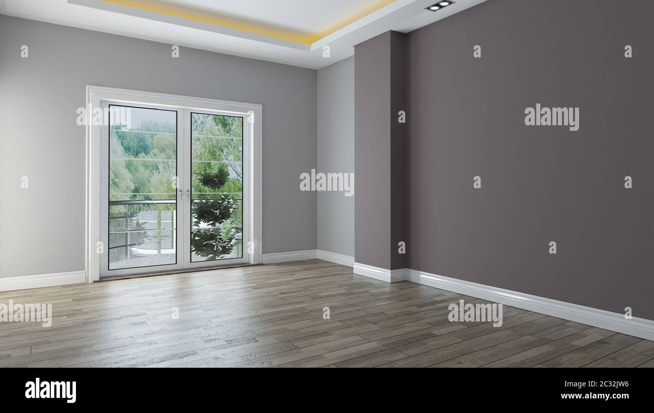 two color wall empty room interior design with wooden floor 3d
