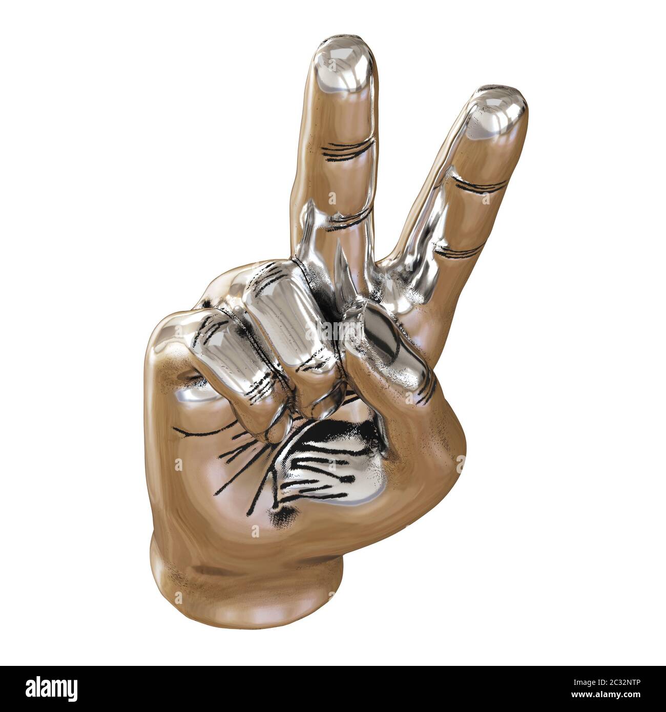 Metal figurine of a hand with two fingers raised up on a white background. 3d rendering Stock Photo