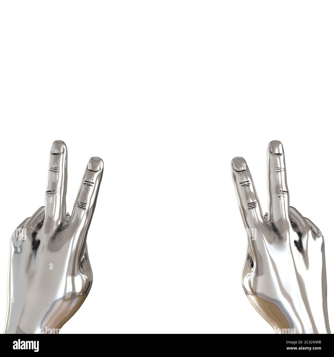 Two metal hands with two fingers raised up on a white background. 3d rendering Stock Photo