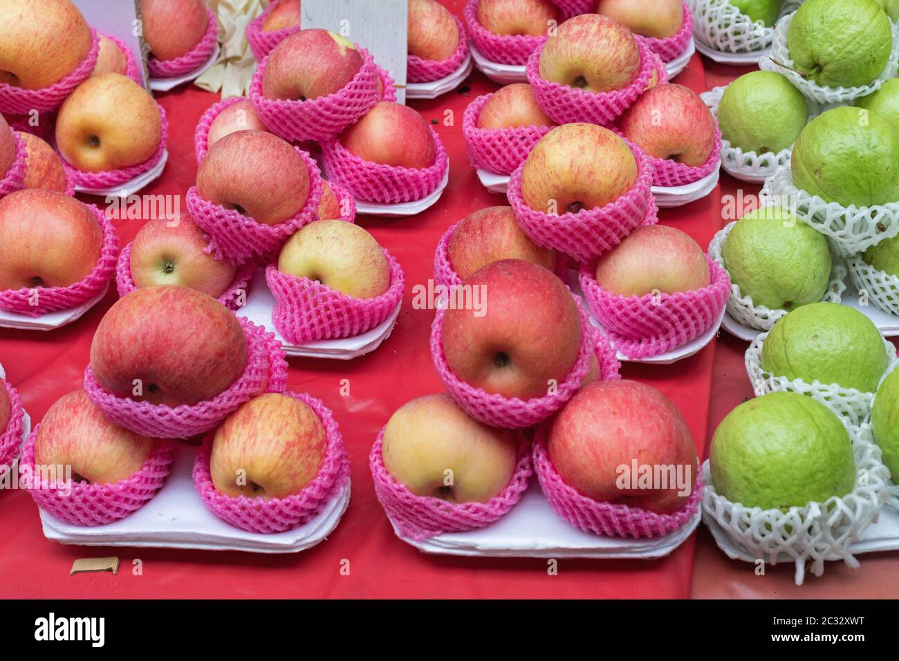 Individually Packed Apples Fruits at Market Stall Stock Photo Alamy
