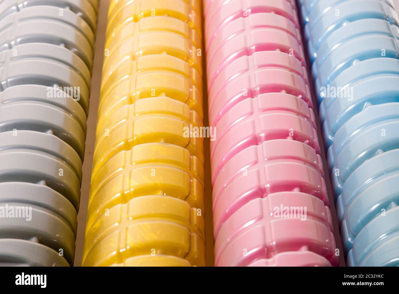 cartridges for laser printers aligned on a white background. Stock Photo