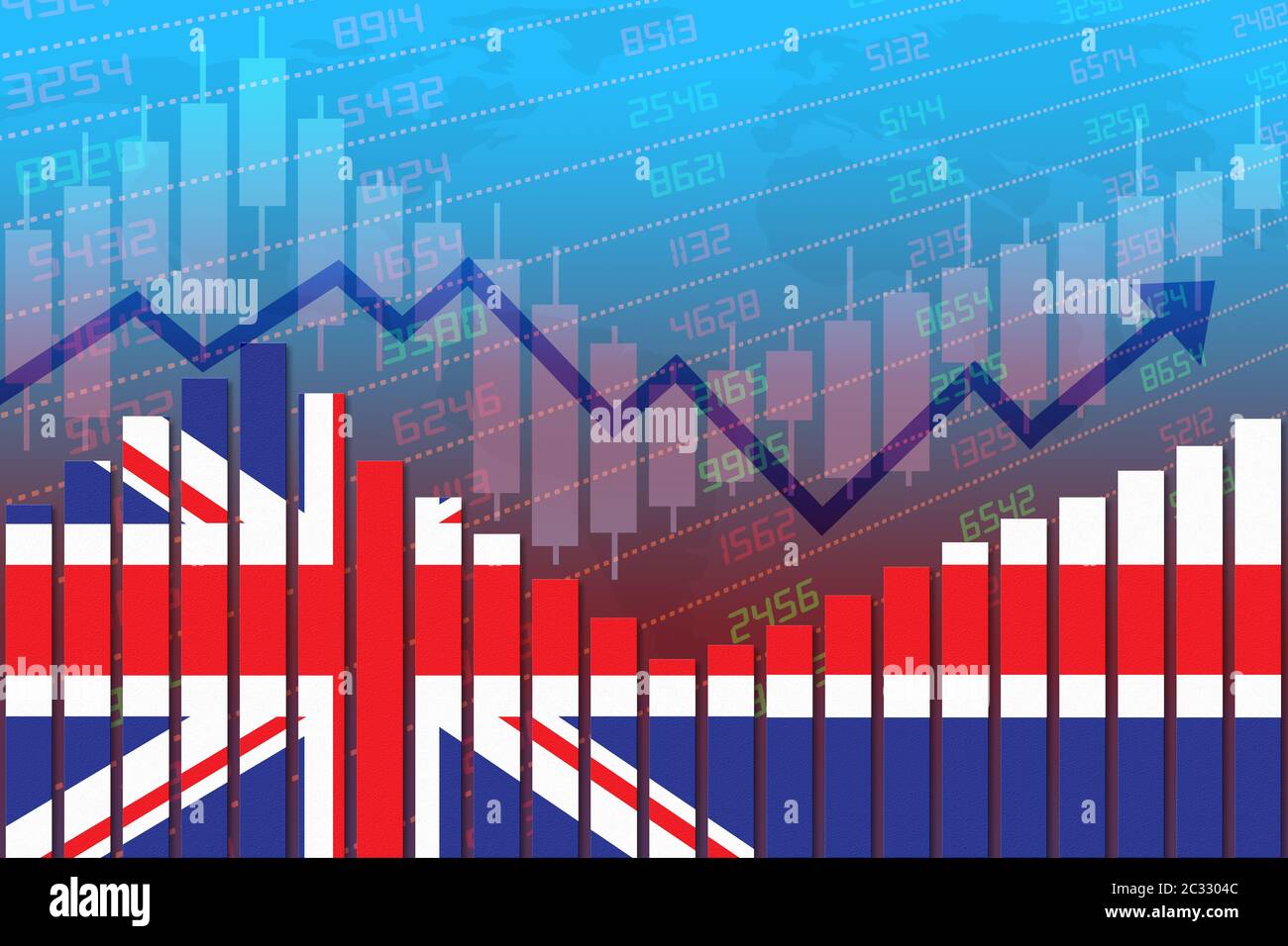 Flag of UK or Britain on bar chart concept of economic recovery and business improving after crisis such as Covid-19 or other catastrophe as economy a Stock Photo