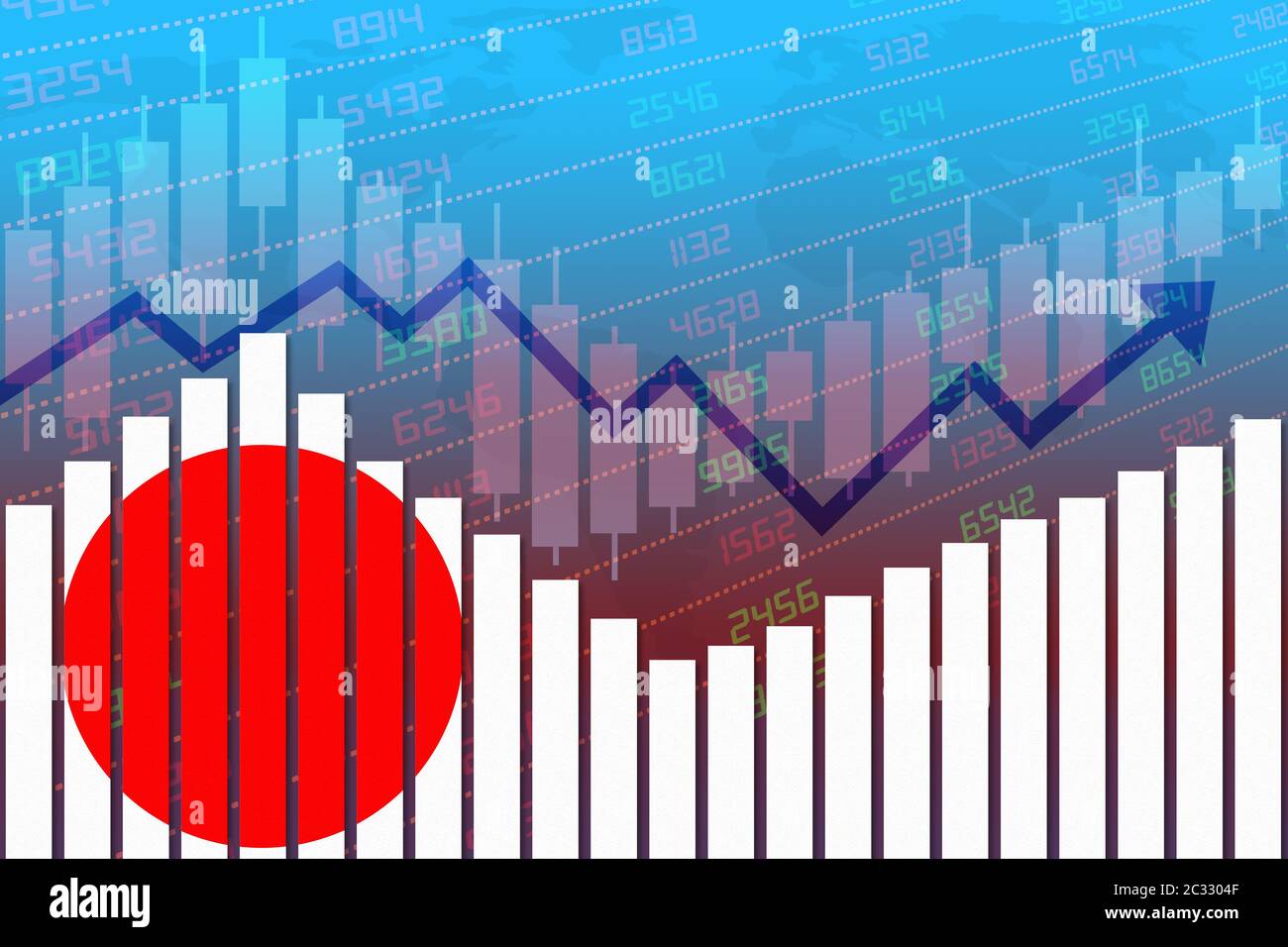 Flag of Japan on bar chart concept of economic recovery and business improving after crisis such as Covid-19 or other catastrophe as economy and busin Stock Photo