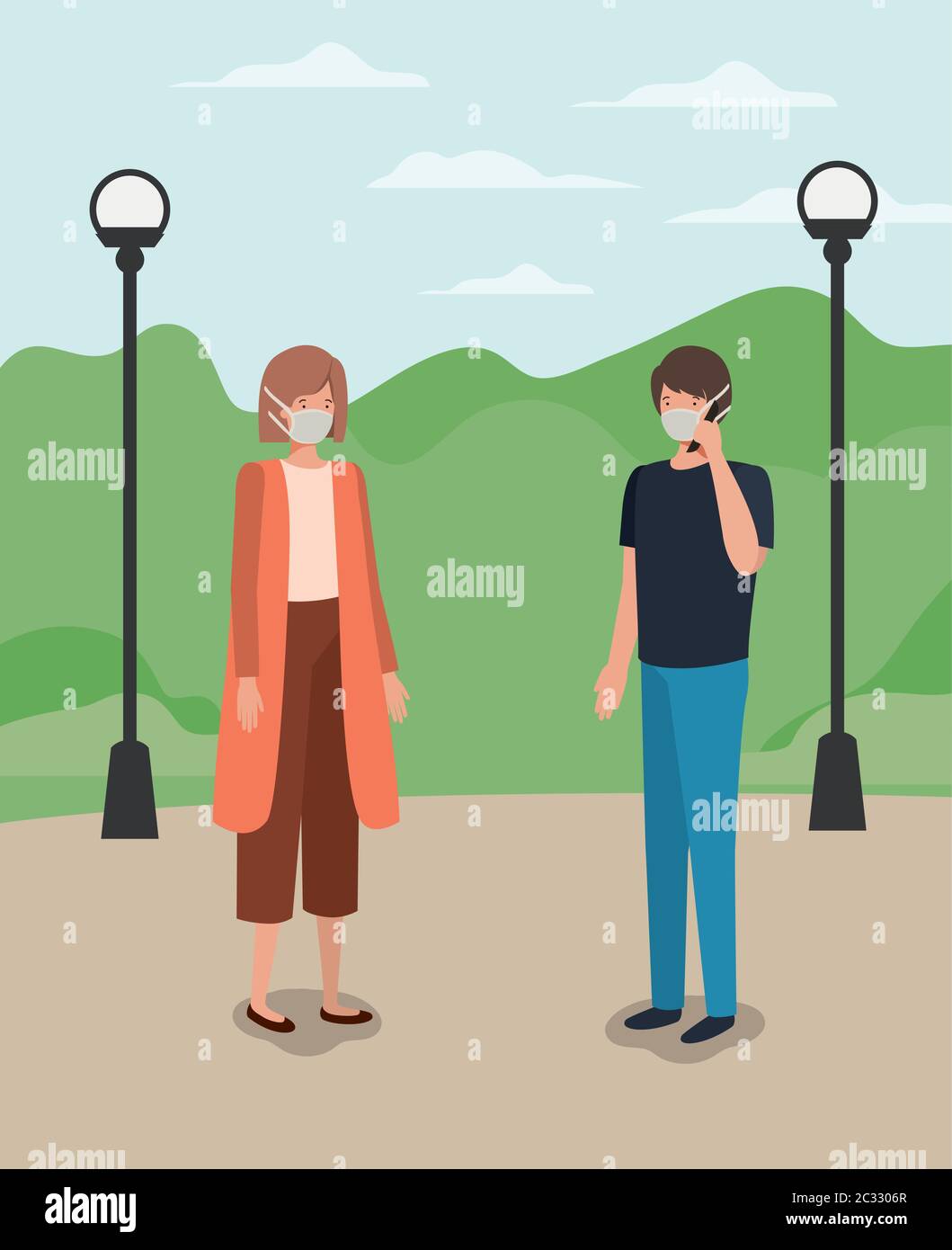 Social distancing between boy and girl with masks at park design of ...