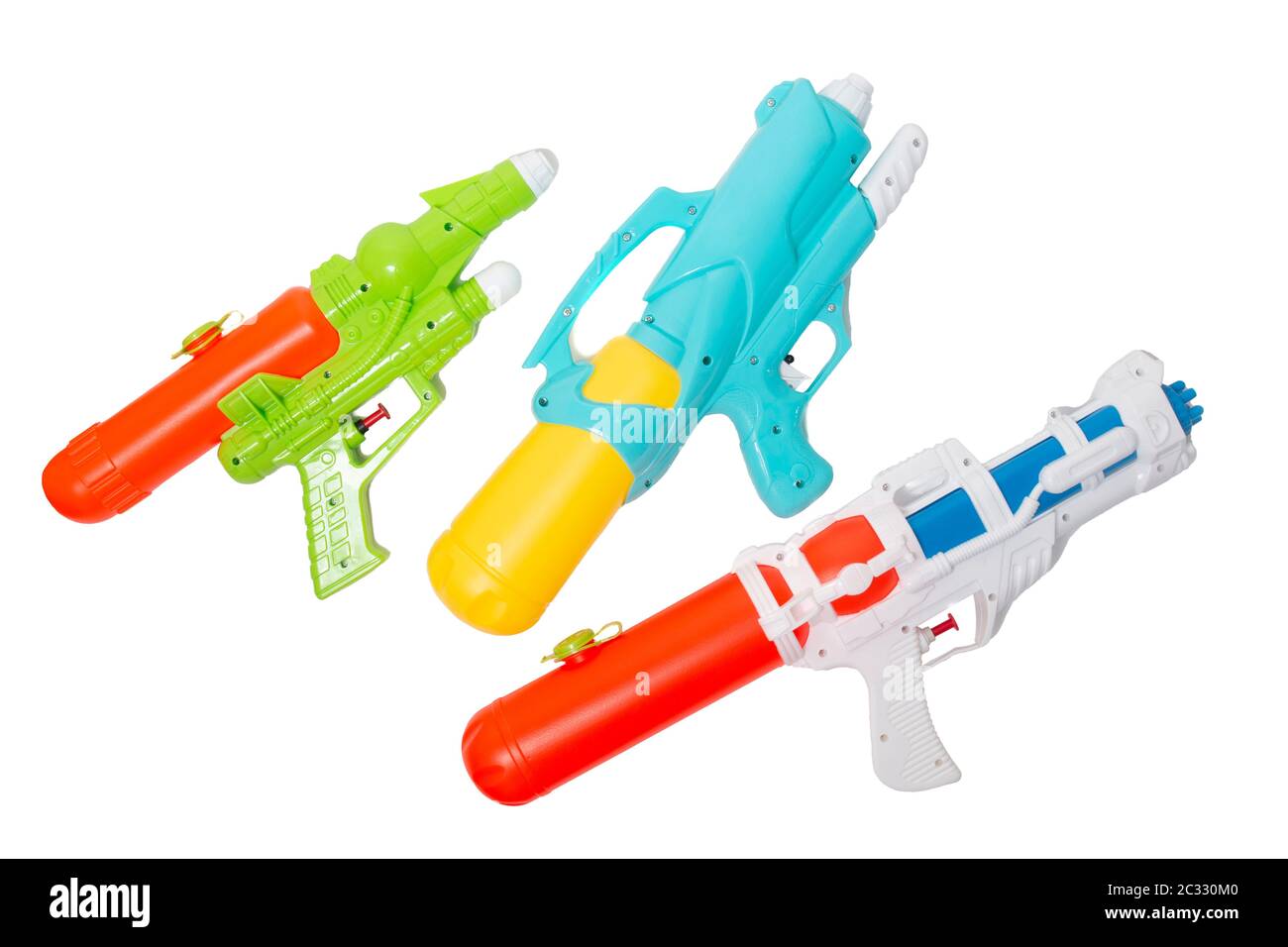 Colorful plastic water guns isolated on a white background. Stock Photo