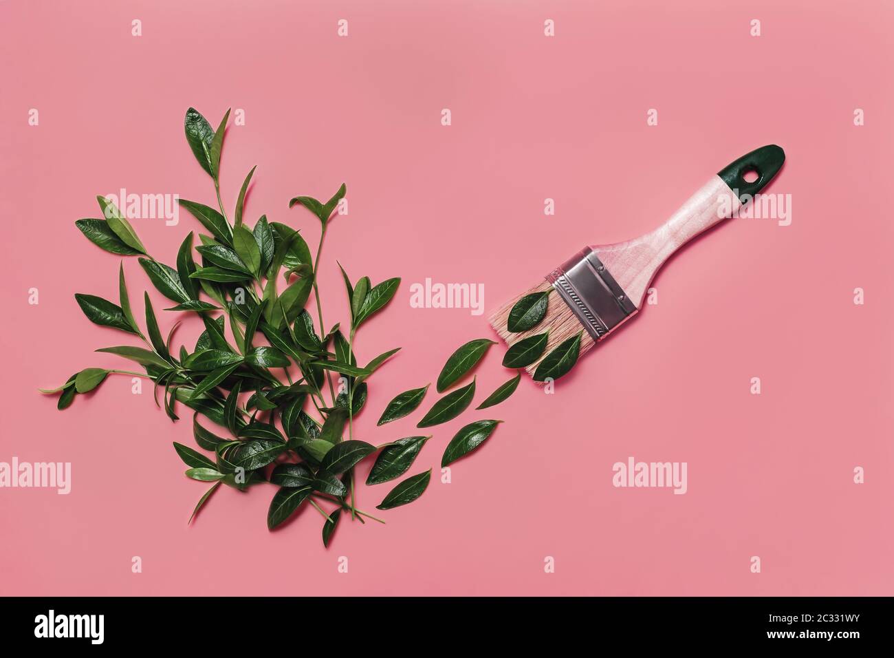 Colorful conceptual art background of paintbrush painting green leaves in shape of check mark on pink backdrop. Spring and summer concept. Flat lay st Stock Photo