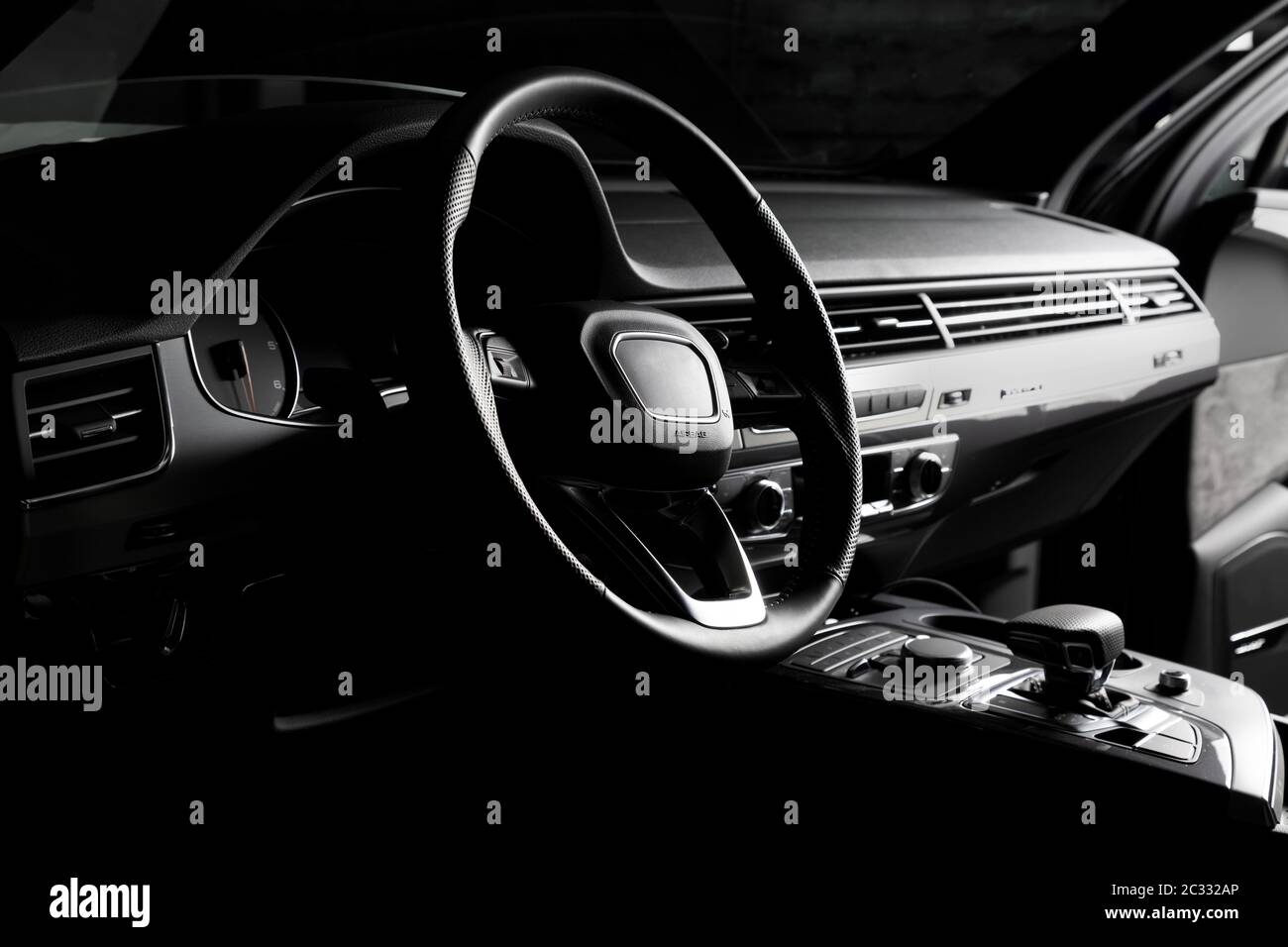 Renault Duster salon. Interior design, dashboard, speedometer, tachometer  and steering wheel inside the car. The car is produced by the French  company Stock Photo - Alamy