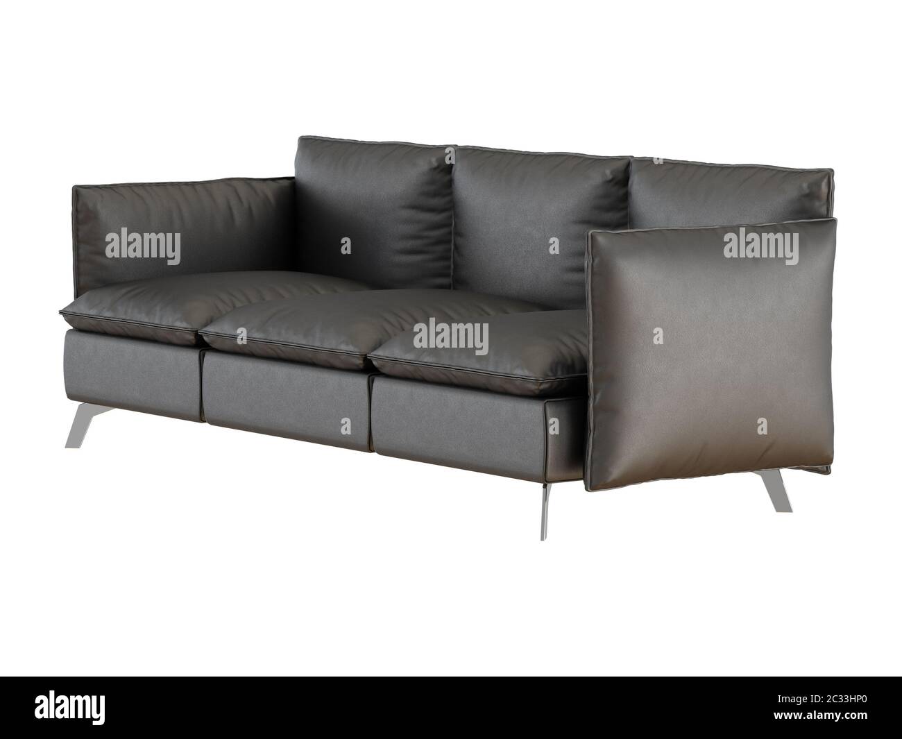Soft black leather sofa made from pillows on a white background Stock Photo