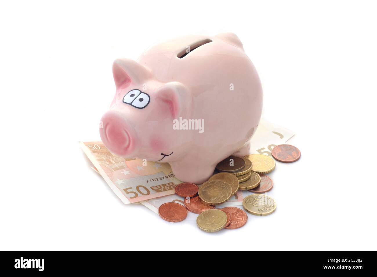 Piggy Bank With Euro Coins And Notes Isolated On White Stock Photo - Alamy