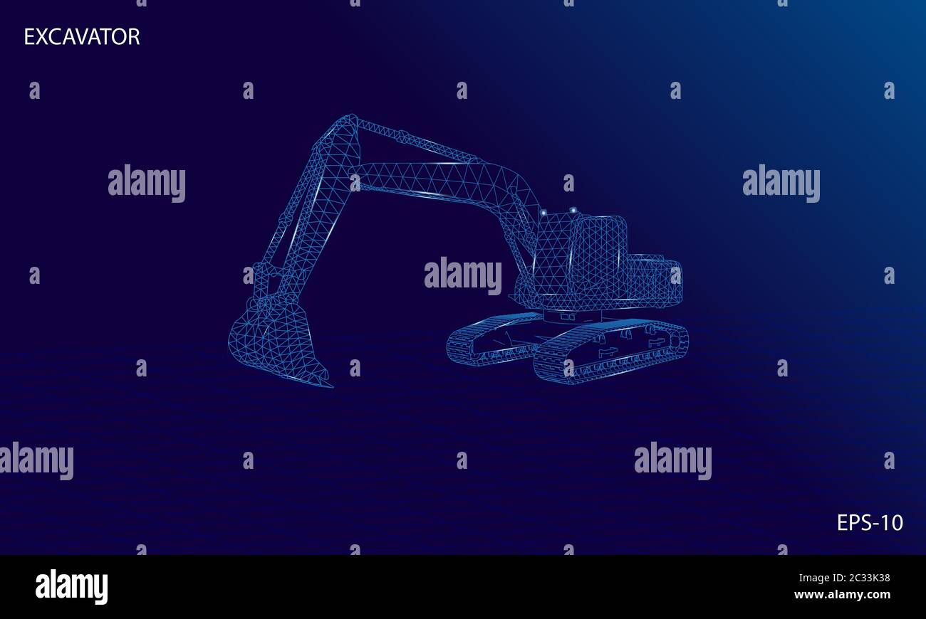 Excavator wireframe futuristic design concept vector illustration of construction equipment Stock Vector