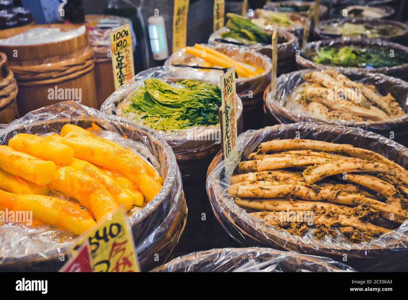 Kyoto, Japan November 09, 2018 Various marinated vegetables at Nishiki market. Japanese