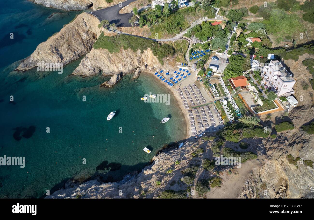 Aerial view of resort village Bali and Karavostasis beach. Crete, Greece Stock Photo