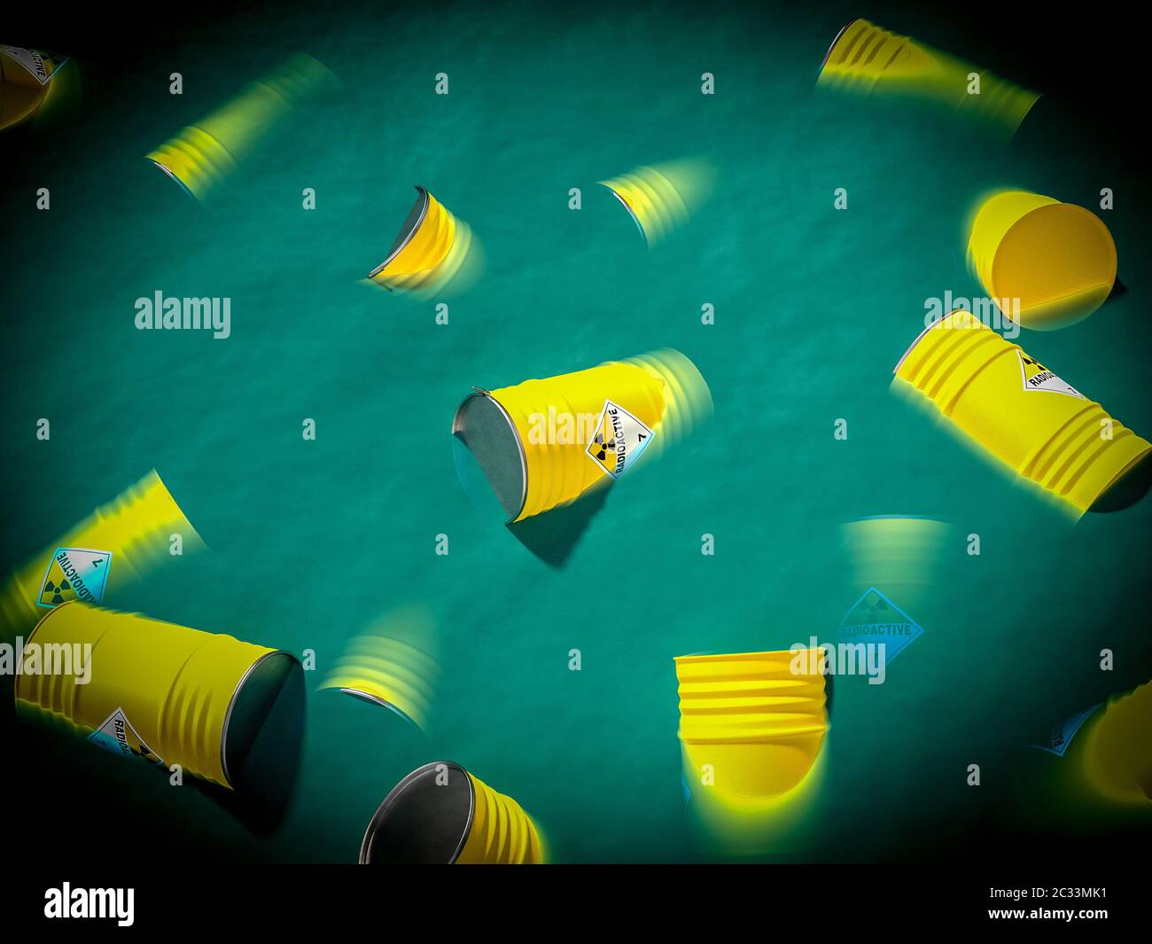 containers filled with radioactive waste float in the sea. concept of