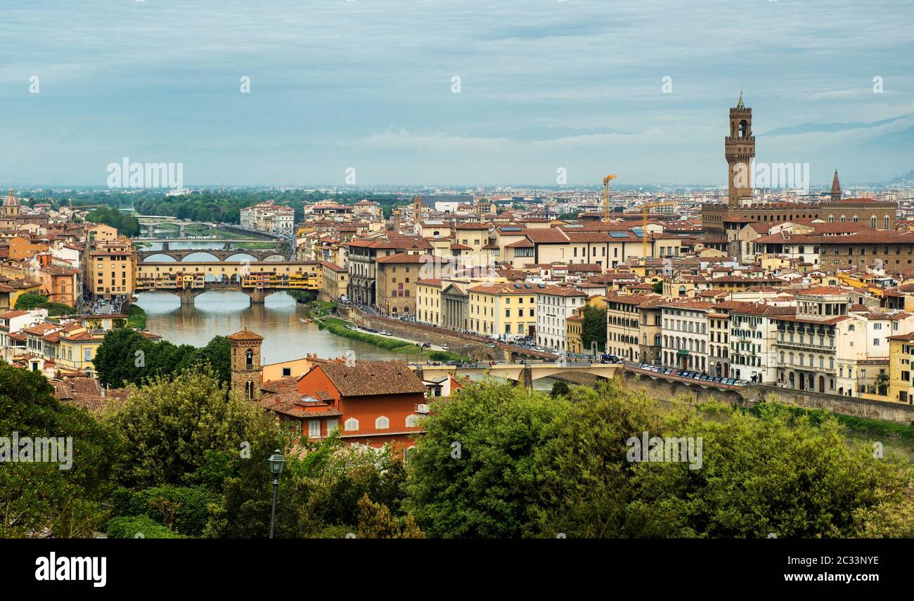 Panoramic View of the Florence with the Cathedral of Santa Maria del Fiore, the Basilica of Santa Croce, and the Arno River, Florence, Tuscany, Italy Stock Photo