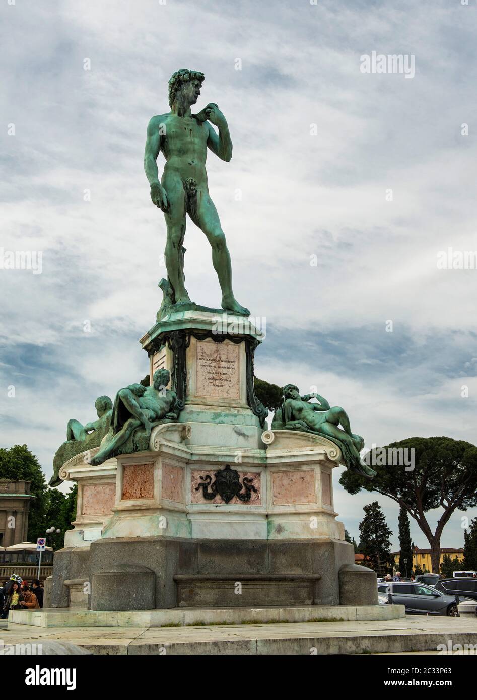 Replica Statue of David on the hillside at Piazzale Michelangelo, overlooks the breathtaking view of the Florence, Tuscany, Italy Stock Photo