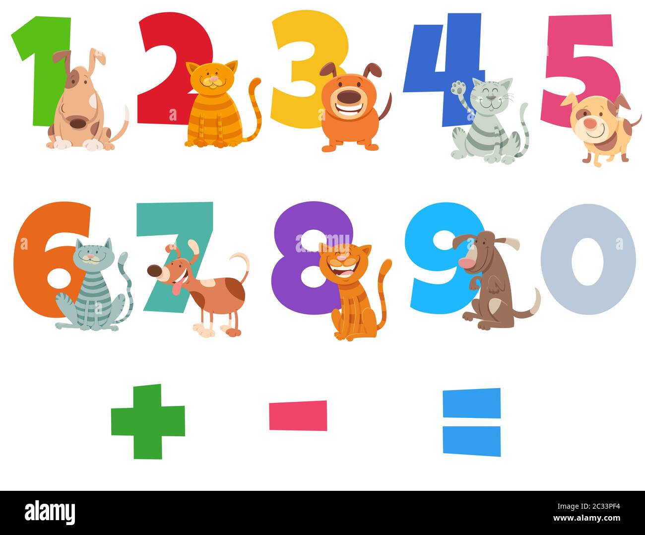 numbers set with happy cats and dogs Stock Photo