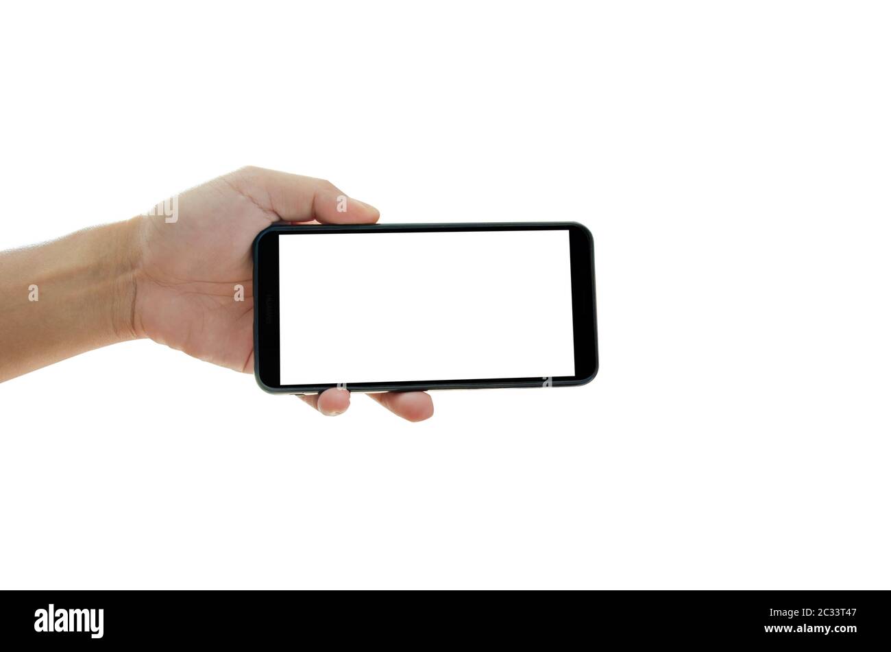 Hand holding smartphone black with blank screen on the white background ...