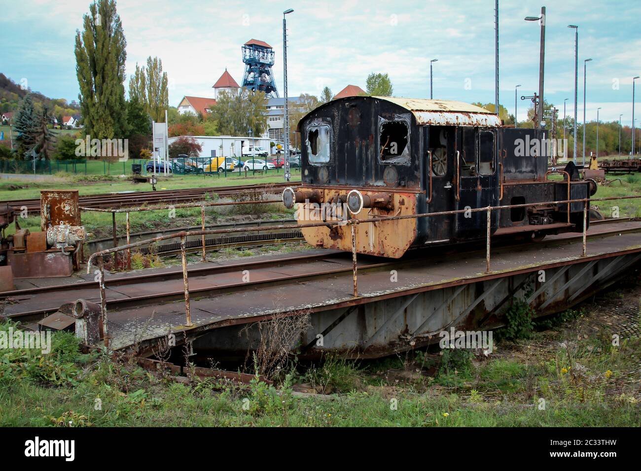A burned shunting stands off the normal railroad tracks