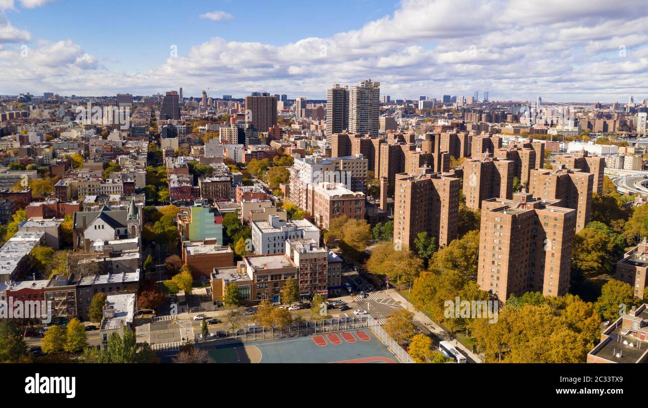 Aerial view over the far north on Manhattan Island in and around Harlem NY Stock Photo