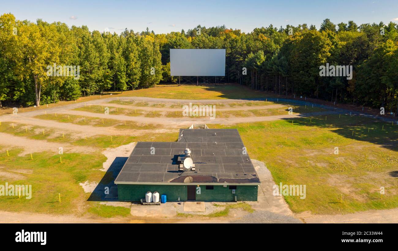 The snack bar sound poles and projection screen still stand at this old Drive In Stock Photo